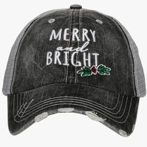 Womens Merry and Bright Cotton Blend Distressed Trucker Hat Grey Excellent Cond
